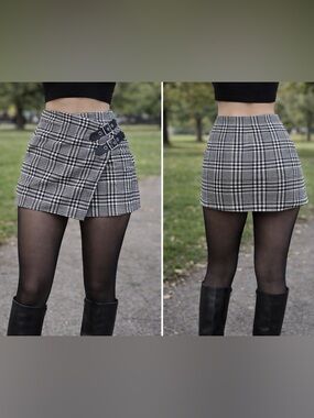 Windsor Black & White Plaid Wrap Mini Skirt with Buckle Straps